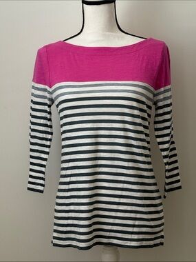 LOFT Striped Boatneck Top with Pink Yoke, Size XS